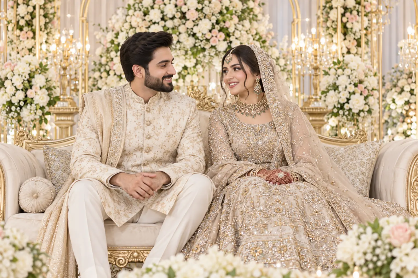Pakistani wedding couple on a Baraat stage