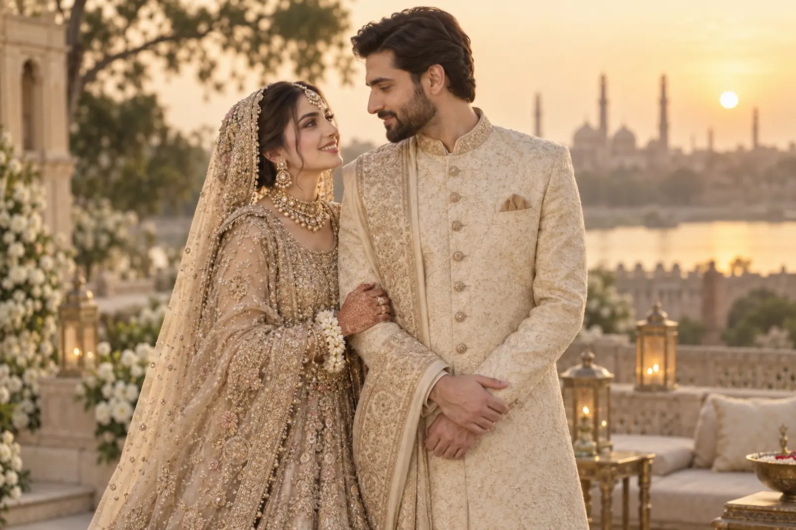 Pakistani wedding couple portrait at golden hour
