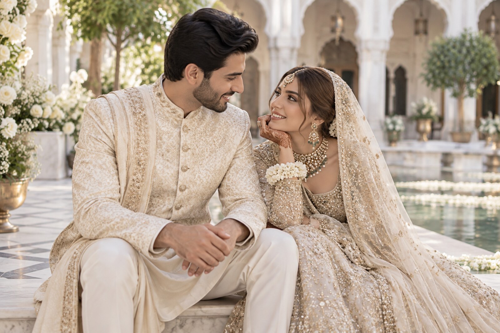Bride and groom portrait in a bright courtyard