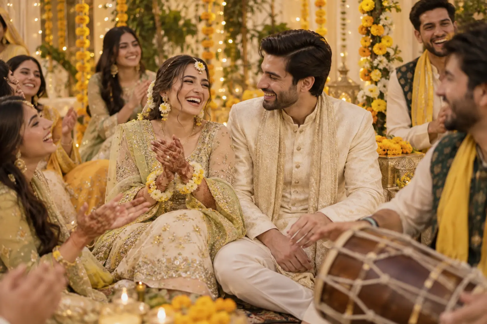 Bride and groom celebrating at a Mehndi event