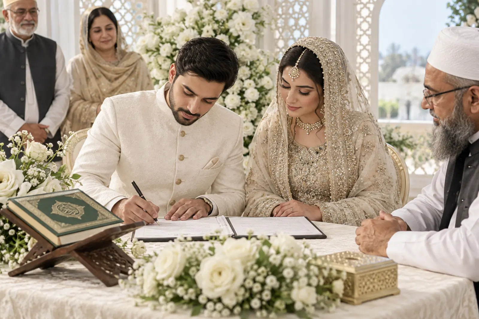 Bride and groom signing Nikah documents