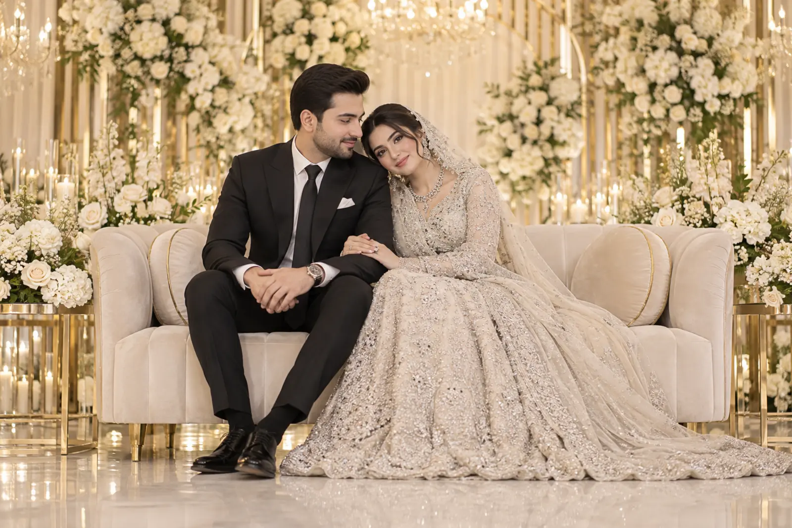 Elegant Pakistani Walima couple portrait