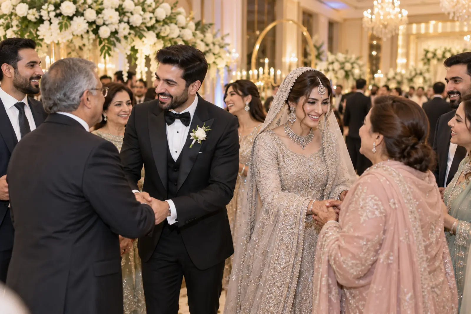 Newlyweds greeting guests at a Walima reception
