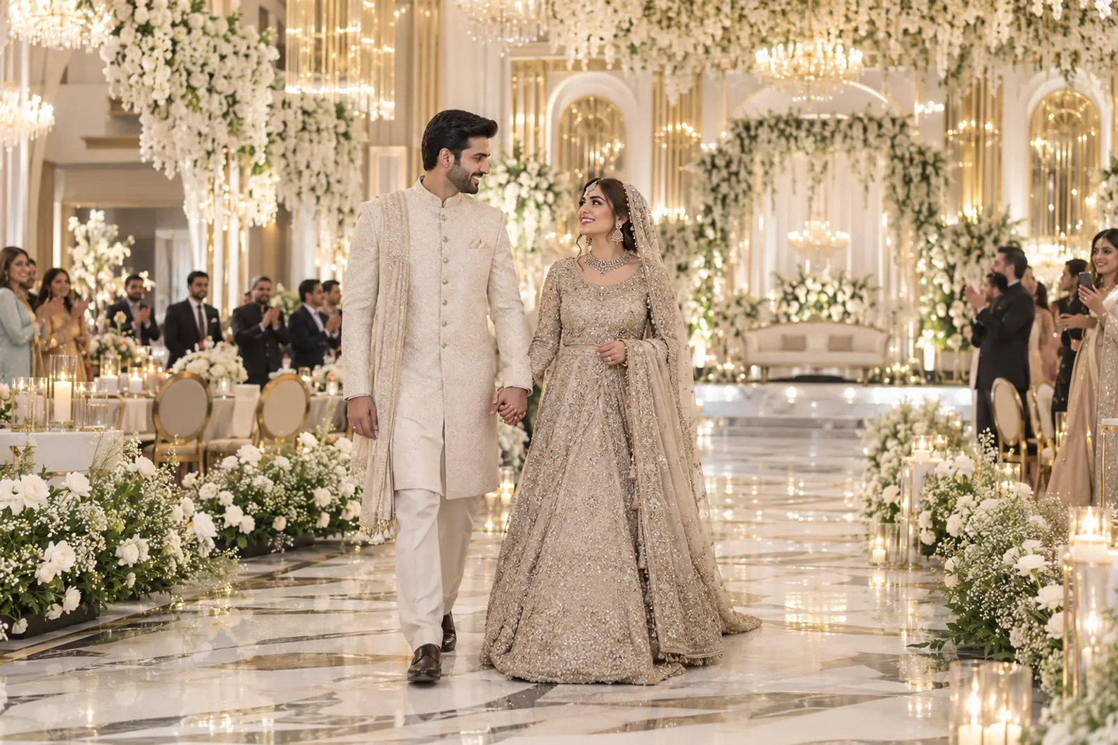 Wedding couple entering a luxury Walima venue